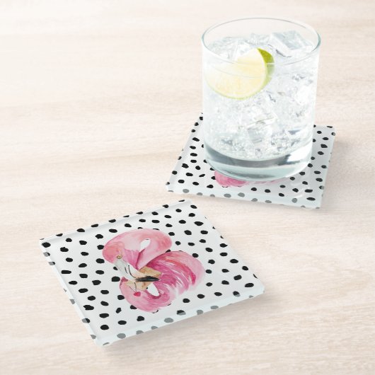 エキゾチックモダンなピンクの水の色フラミンゴ&ドット ガラスコースター (アングル)