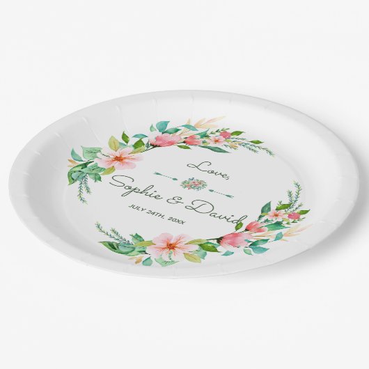 エキゾチックルアウ(ハワイ式宴会)熱帯水の色のフローラ ペーパープレート (アングル)