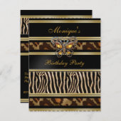 エキゾチックワイルドアニマルプリント誕生日ブラック金ゴールド 招待状 (正面/裏面)