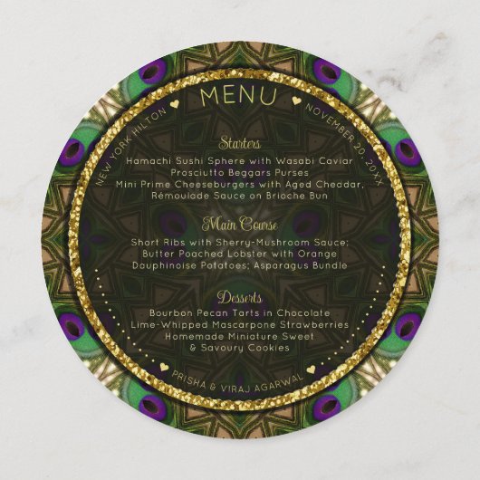 エキゾチック孔雀フェザーインディアン結婚式招待状 メニュー (裏面)