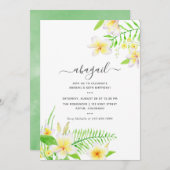 エキゾチック水カラーフランジパニフローラ誕生日 招待状 (正面/裏面)