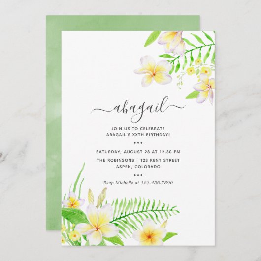 エキゾチック水カラーフランジパニフローラ誕生日 招待状 (正面/裏面)