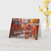 エキゾチック漫画祝ガール中国のズ新年 カード (黄色い花)