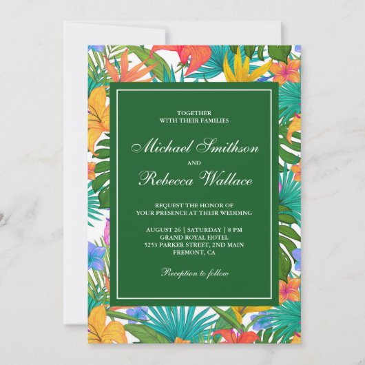 エキゾチック熱帯カラフル庭園の結婚式 招待状 (正面)