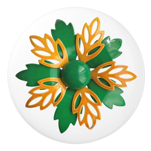 エキゾチック熱帯グリーンオレンジ色の花ヒッピー セラミックノブ (正面)