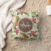 エキゾチック熱帯パイナップルフローラブラウンモノグラム クッション (ブランケット)