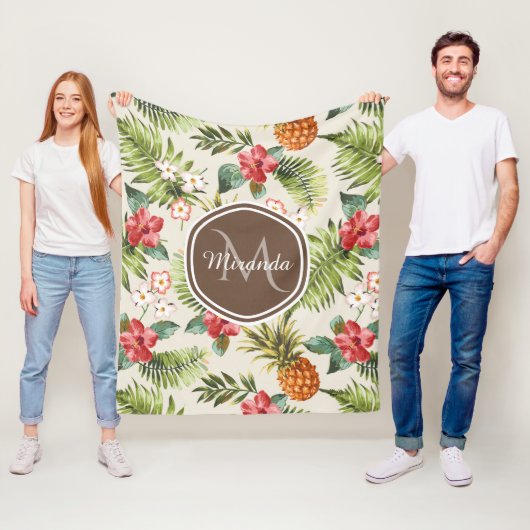 エキゾチック熱帯パイナップルフローラブラウンモノグラム フリースブランケット (インサイチュ)
