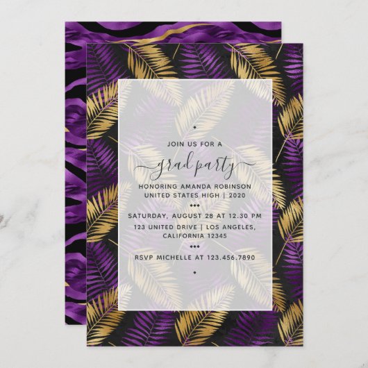 エキゾチック熱帯パープルと金ゴールド卒業パーティー 招待状 (正面/裏面)
