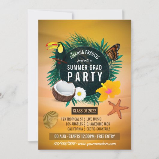 エキゾチック熱帯ビーチ卒業パーティー招待状 招待状 (正面)