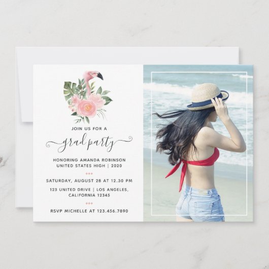 エキゾチック熱帯ピンクフラミンゴ卒業パーティー 招待状 (正面)