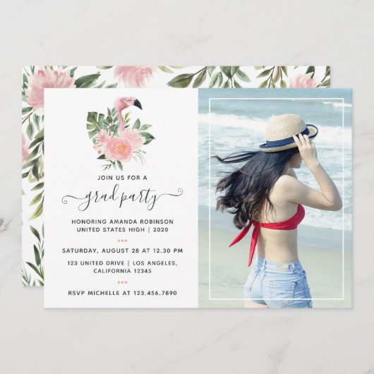 エキゾチック熱帯ピンクフラミンゴ卒業パーティー 招待状 (正面/裏面)