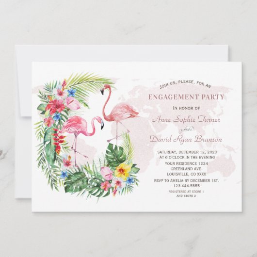 エキゾチック熱帯フローラ金ゴールドワールドマップ婚約 招待状 (正面)