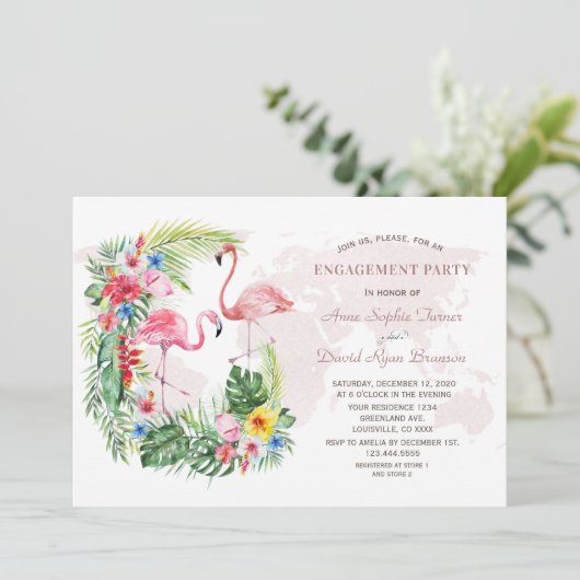 エキゾチック熱帯フローラ金ゴールドワールドマップ婚約 招待状 (スタンド正面)