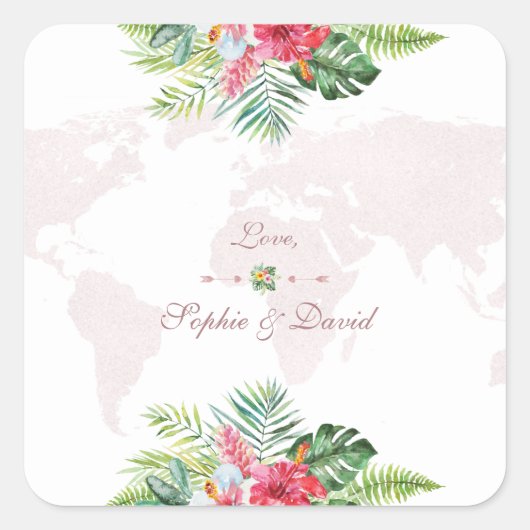 エキゾチック熱帯フローラ金ゴールドワールドマップ結婚ズ スクエアシール (正面)