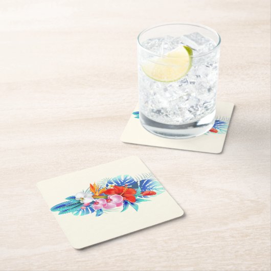 エキゾチック熱帯花 – ピンク&アクアマリン スクエアペーパーコースター (インサイチュ)