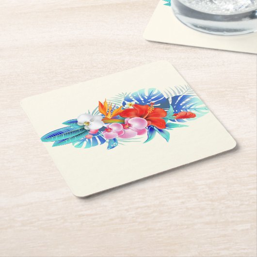 エキゾチック熱帯花 – ピンク&アクアマリン スクエアペーパーコースター (アングル)