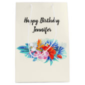 エキゾチック熱帯花 – ピンク&アクアマリン ミディアムペーパーバッグ (正面)