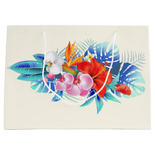 エキゾチック熱帯花 – ピンク&アクアマリン ラージペーパーバッグ (正面)