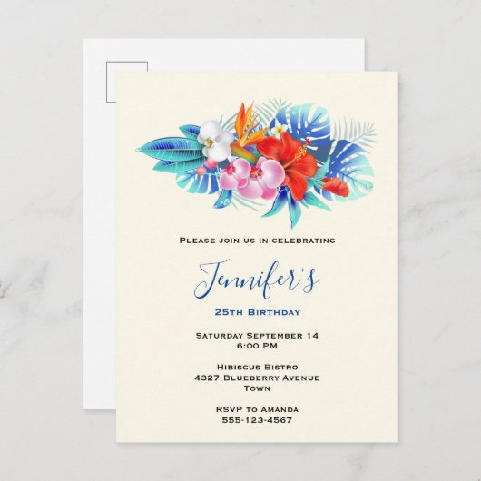 エキゾチック熱帯花 – ピンク&アクア誕生日 インビテーションポストカード (正面/裏面)