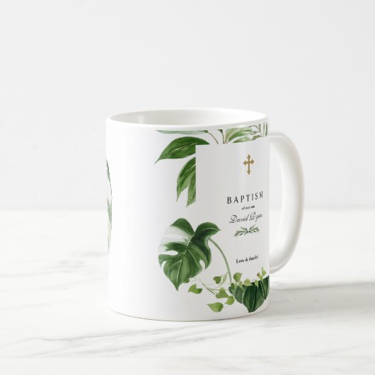 エキゾチック熱帯葉金ゴールドクロスボーイバプテスマ コーヒーマグカップ (正面右)