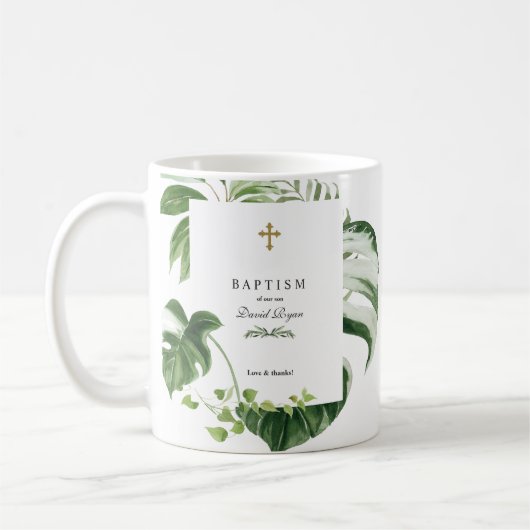エキゾチック熱帯葉金ゴールドクロスボーイバプテスマ コーヒーマグカップ (左)