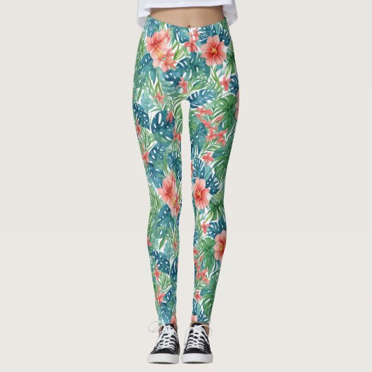 エキゾチック熱帯赤ハイビスカスハワイアン水彩 レギンス (正面)