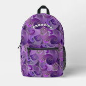 エキゾチック紫のペイズリーパターンと名前 プリントバックパック (正面)
