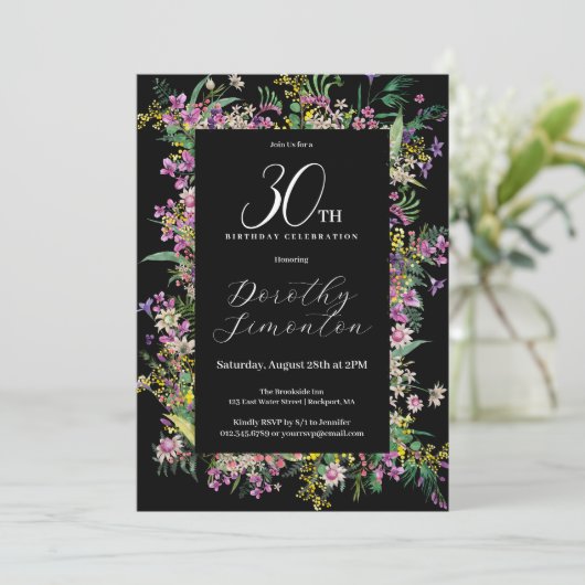 エキゾチック紫ピンクイエローワイルドフラワー30歳の誕生日 招待状 (スタンド正面)