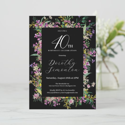 エキゾチック紫ピンクイエローワイルドフラワー40歳の誕生日 招待状 (スタンド正面)