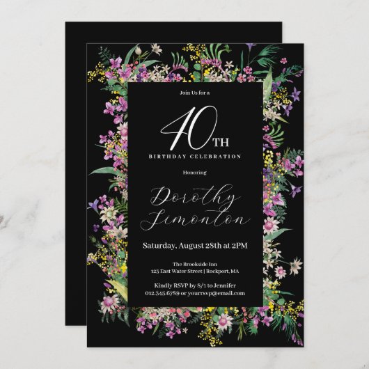 エキゾチック紫ピンクイエローワイルドフラワー40歳の誕生日 招待状 (正面/裏面)