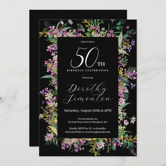 エキゾチック紫ピンクイエローワイルドフラワー50誕生日 招待状 (正面/裏面)