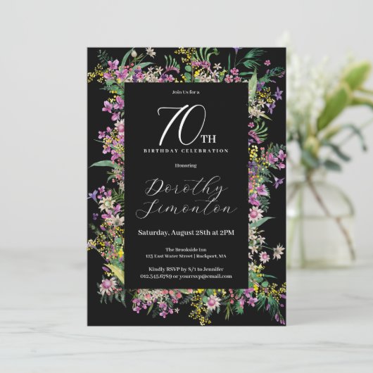 エキゾチック紫ピンクイエローワイルドフラワー70誕生日 招待状 (スタンド正面)
