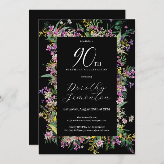 エキゾチック紫ピンクイエローワイルドフラワー90誕生日 招待状 (正面/裏面)