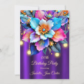 エキゾチック紫誕生日ティール(緑がかった色)ピンクブルーフラワーズジェム 招待状 (正面)