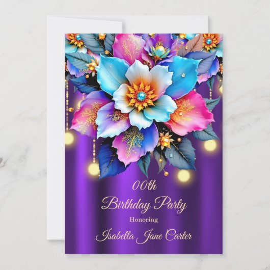 エキゾチック紫誕生日ティール（緑がかった色）ピンクブルーフラワーズジェム 招待状 (正面)