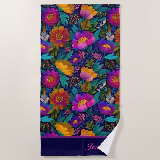 エキゾチック花カラフルフローラガラス名 ビーチタオル (正面)