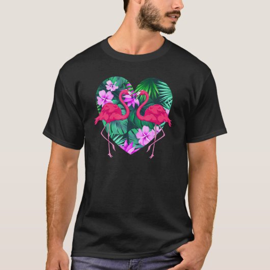 エキゾチック花ハート熱帯動物鳥ピンクフラット Tシャツ (正面)