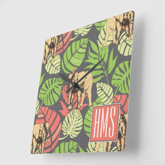 エキゾチック葉なジャングルズとゾウ |モノグラム スクエア壁時計 (傾斜)