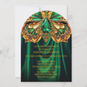 エキゾチック誕生日エメラルドグリーン金ゴールドジュエルバタフライ 招待状 (裏面)