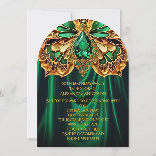 エキゾチック誕生日エメラルドグリーン金ゴールドジュエルバタフライ 招待状 (裏面)
