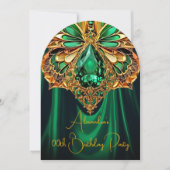 エキゾチック誕生日エメラルドグリーン金ゴールドジュエルバタフライ 招待状 (正面)