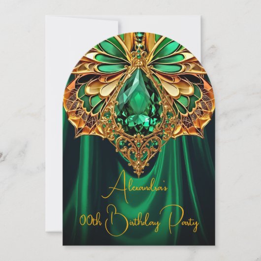 エキゾチック誕生日エメラルドグリーン金ゴールドジュエルバタフライ 招待状 (正面)