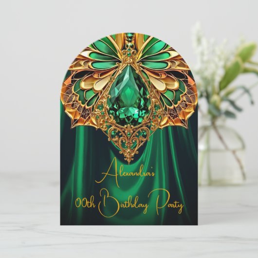 エキゾチック誕生日エメラルドグリーン金ゴールドジュエルバタフライ 招待状 (スタンド正面)