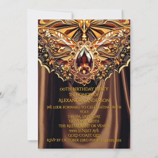 エキゾチック誕生日カラメルチョコレート金ゴールドジュエル 招待状 (裏面)