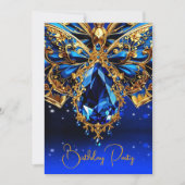 エキゾチック誕生日コルボルトブルー金ゴールドジュエルバタフライ 招待状 (正面)