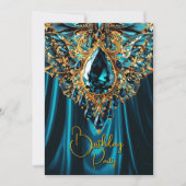 エキゾチック誕生日ティール（緑がかった色）ブルー金ゴールドジュエルバタフライ 招待状 (正面)