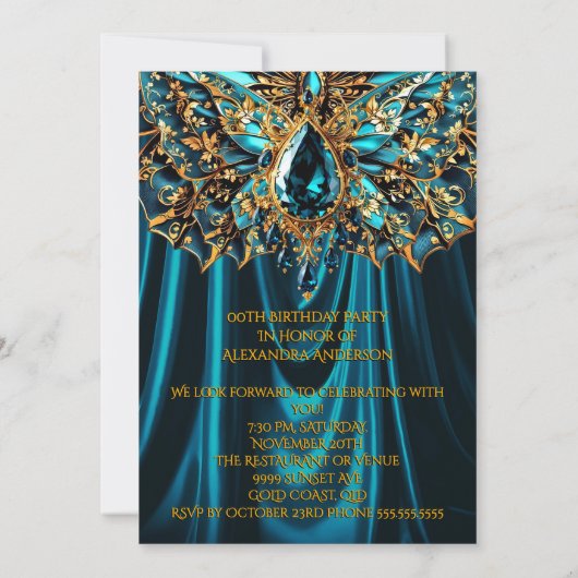 エキゾチック誕生日ティール（緑がかった色）ブルー金ゴールドジュエルバタフライ 招待状 (裏面)