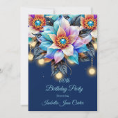 エキゾチック誕生日パーティーティール(緑がかった色)ピンクブルーパープルフローラ 招待状 (正面)