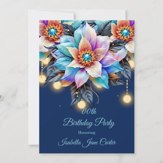 エキゾチック誕生日パーティーティール（緑がかった色）ピンクブルーパープルフローラ 招待状 (正面)