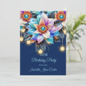 エキゾチック誕生日パーティーティール(緑がかった色)ピンクブルーパープルフローラ 招待状 (スタンド正面)